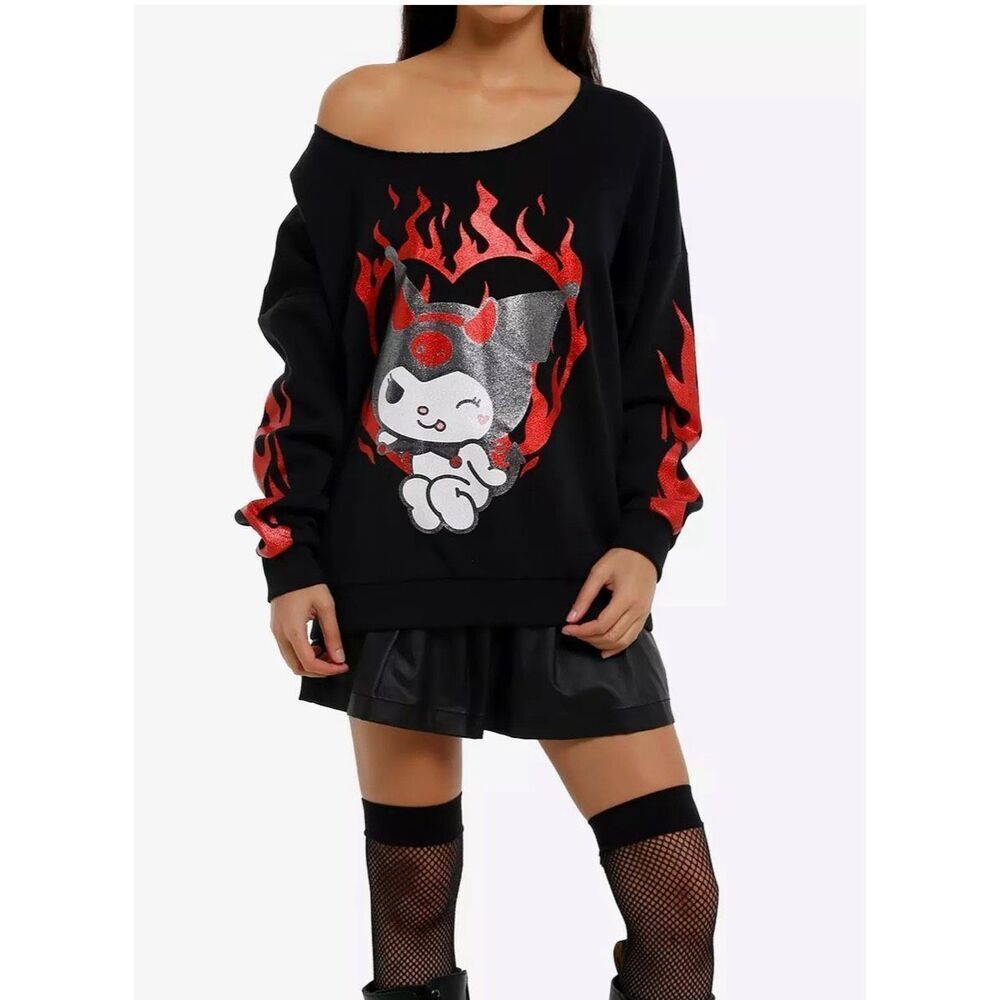Sanrio Kuromi Heart Glitter Flame Off-Shoulder Sweatshirt Size Medium Nwot